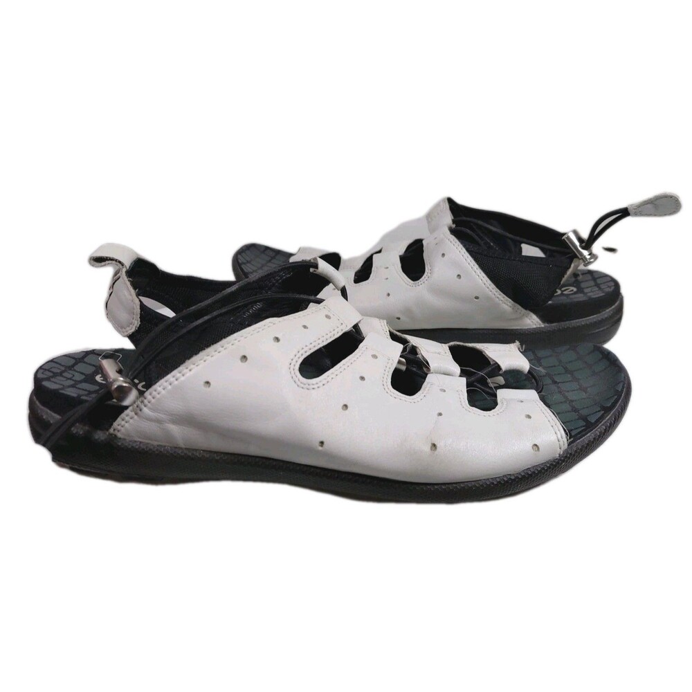 Ecco Drawstring Ankle Strap White Black Sandals Women’s Sz 41 /10 US